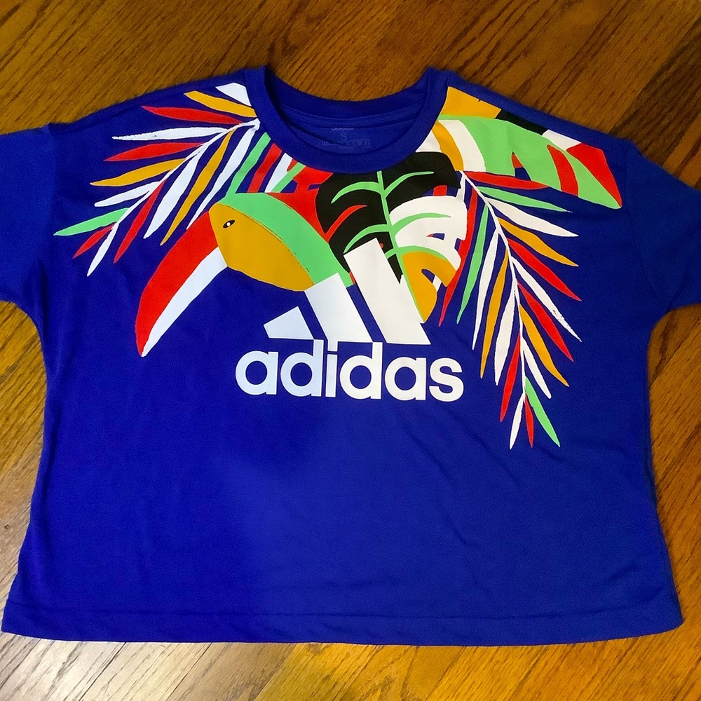 Adidas + Farm Rio blue toucan cropped tee size small, NWOT